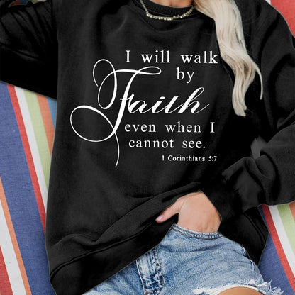 Faith Letter Print Crew Neck Sweatshirt - Soft, Comfortable, and Stylish Casual Wear for Fall and Spring - Womens Relaxed Fit Clothing with Crew Neck Design