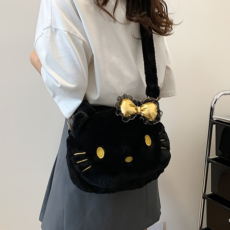 HelloKitty Sanrio Faux Fur Handbag | Anime Cartoon-Themed, Removable Strap, Zipper Closure, Polyester Lined