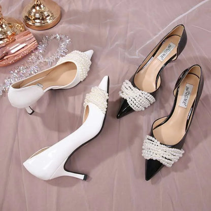 New Pearl Stiletto Heels Fairy White Wedding Bridesmaid Shoes Fashion Party Pumps Kq8