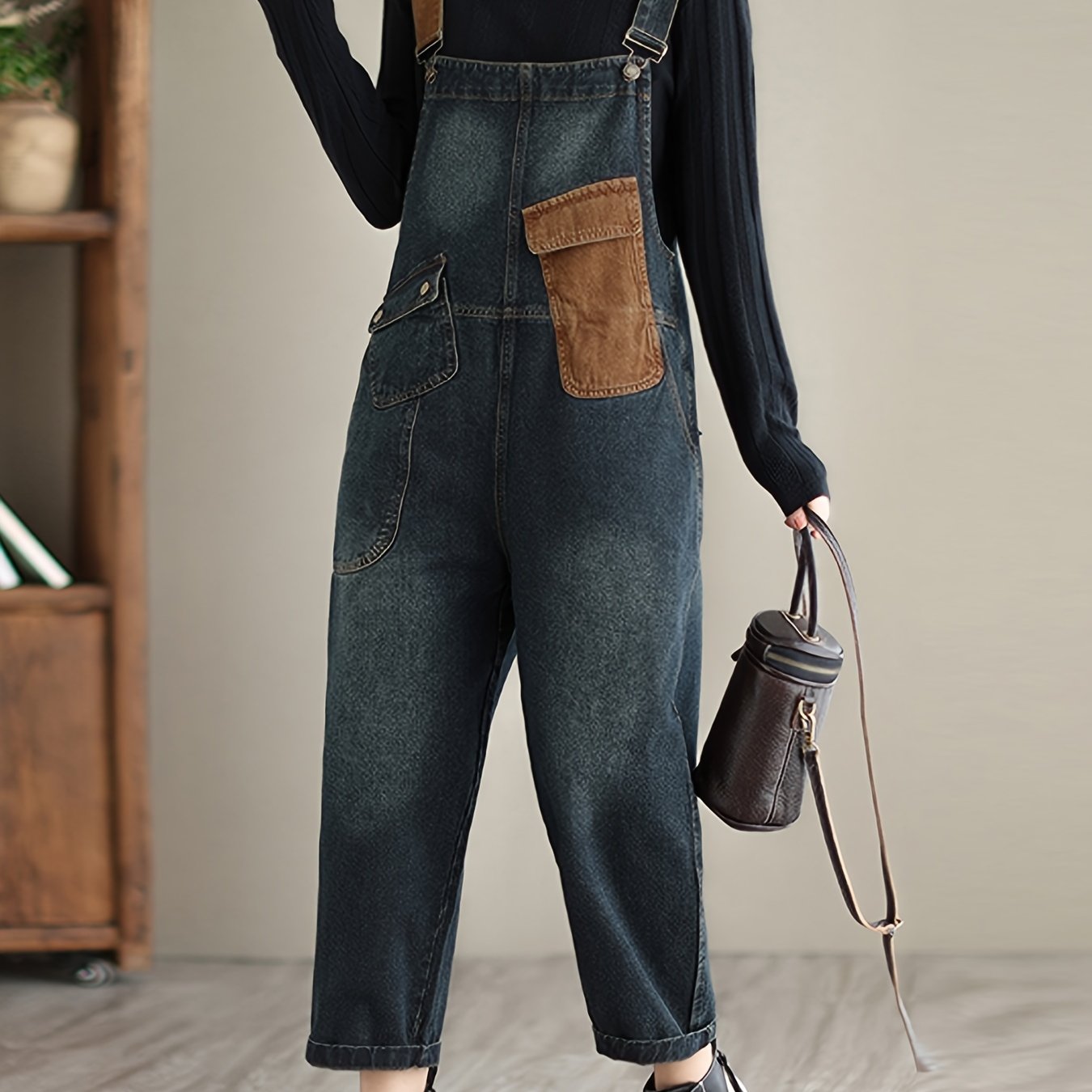 Color Block Patchwork Loose Fit Streetwear Retro Style Denim Overalls Dungarees, Women's Denim Jeans & Clothing