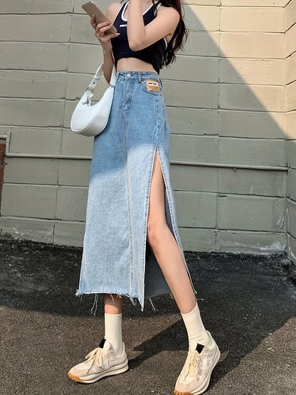 High Waist Split Denim Skirt, Slant Pockets Versatile Denim Skirt, Women's Denim Clothing