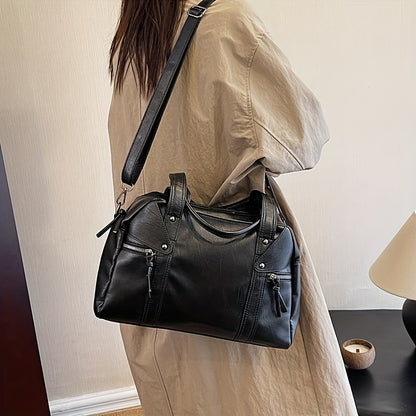 Elegant Black Leather Tote Bag with Adjustable Shoulder Strap and Zipper Closure - Perfect for Travel, Work, or Gym - PU Material, Water-Resistant, and Stylish