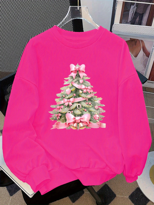 Regular Fit Machine Washable Christmas Tree Print Girl's Casual Long Sleeve Crew Neck Sweatshirt