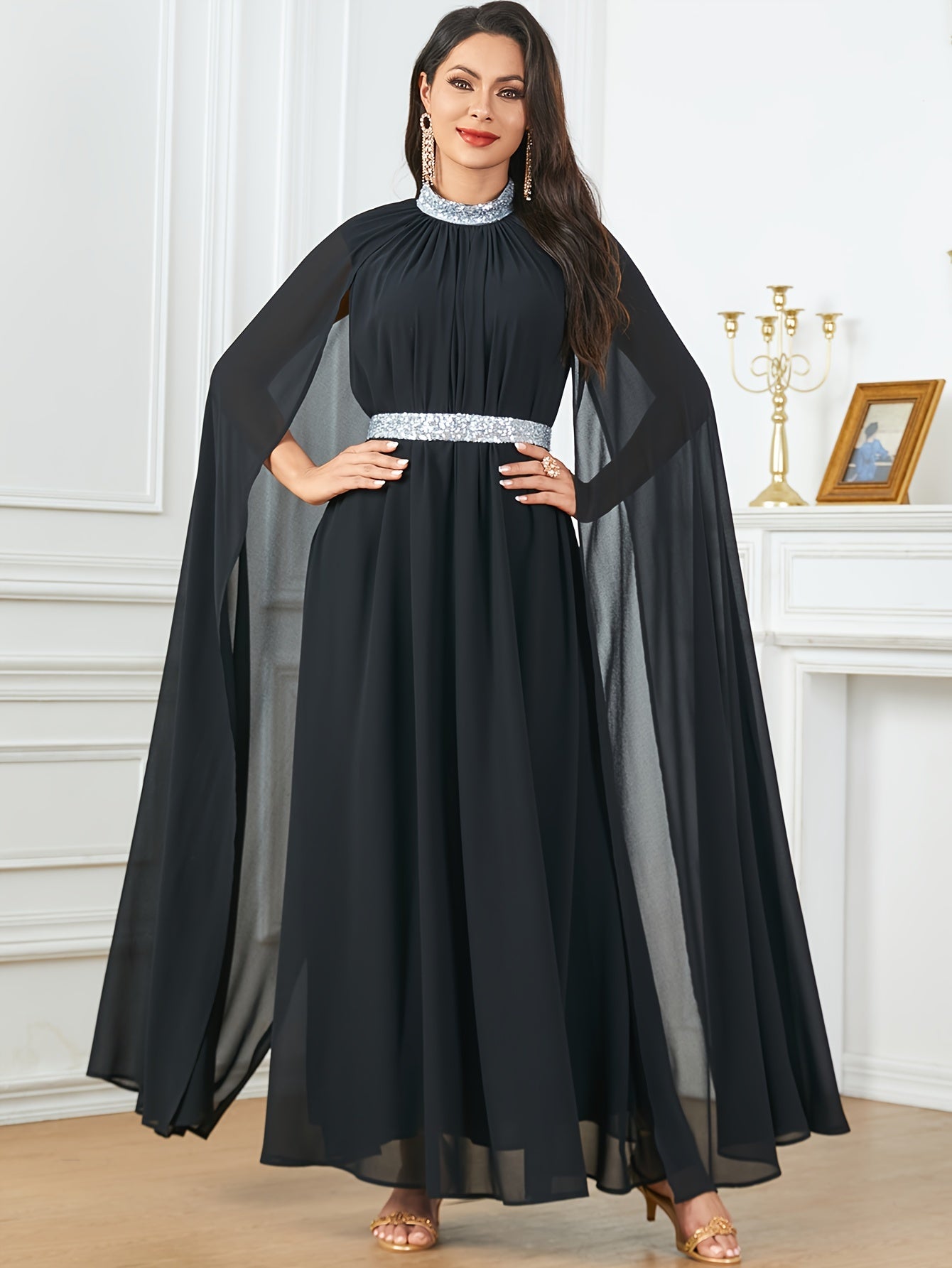 Long Sleeve Crew Neck Maxi Abaya Dress - Elegant Solid Color Block Design, Split Sleeve, Contrast Sequin Details, Non-Stretch Polyester Fabric, Belted, Middle East Style, Ideal for All Seasons