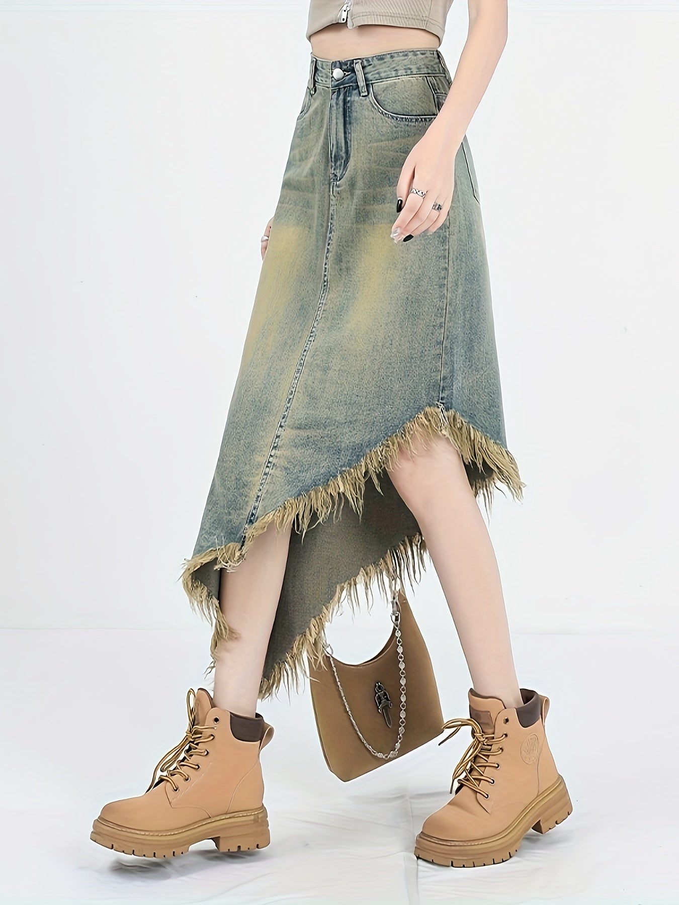 Asymmetric Raw Hem Distressed Washed High Rise Stylish Midi Denim Skirt, Women's Denim Jeans & Clothing