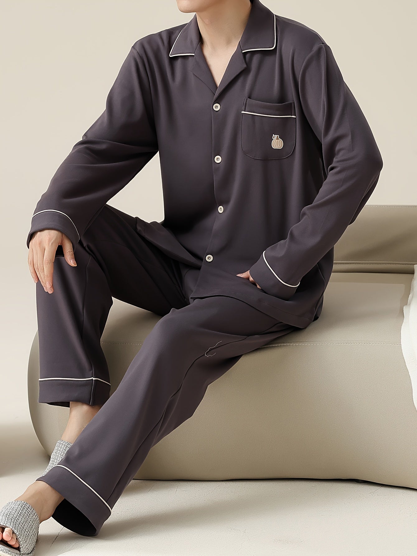 Mandarin Brand Men's Cotton Pajama Set - Casual & Stylish Long Sleeve Top with Pockets, Comfortable Loungewear for Spring/Fall