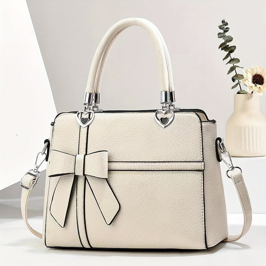 Elegant Women's Tote Bag with Bowknot Design - Chic Faux Leather Shoulder & Crossbody Handbag, Detachable Strap, Zip Closure