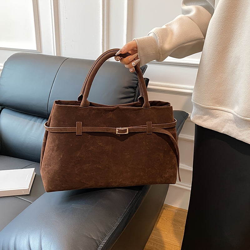 Chic Coffee Brown Faux Suede Tote Bag for Women - Spacious, Durable & Stain-Resistant with Magnetic Closure