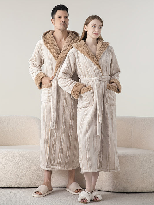 Cozy Plus-Size Hooded Bathrobe For Couples - Thick Double-Layer Jacquard Sleepwear With V-Neck & Pockets, Machine Washable - Perfect For Fall/Winter