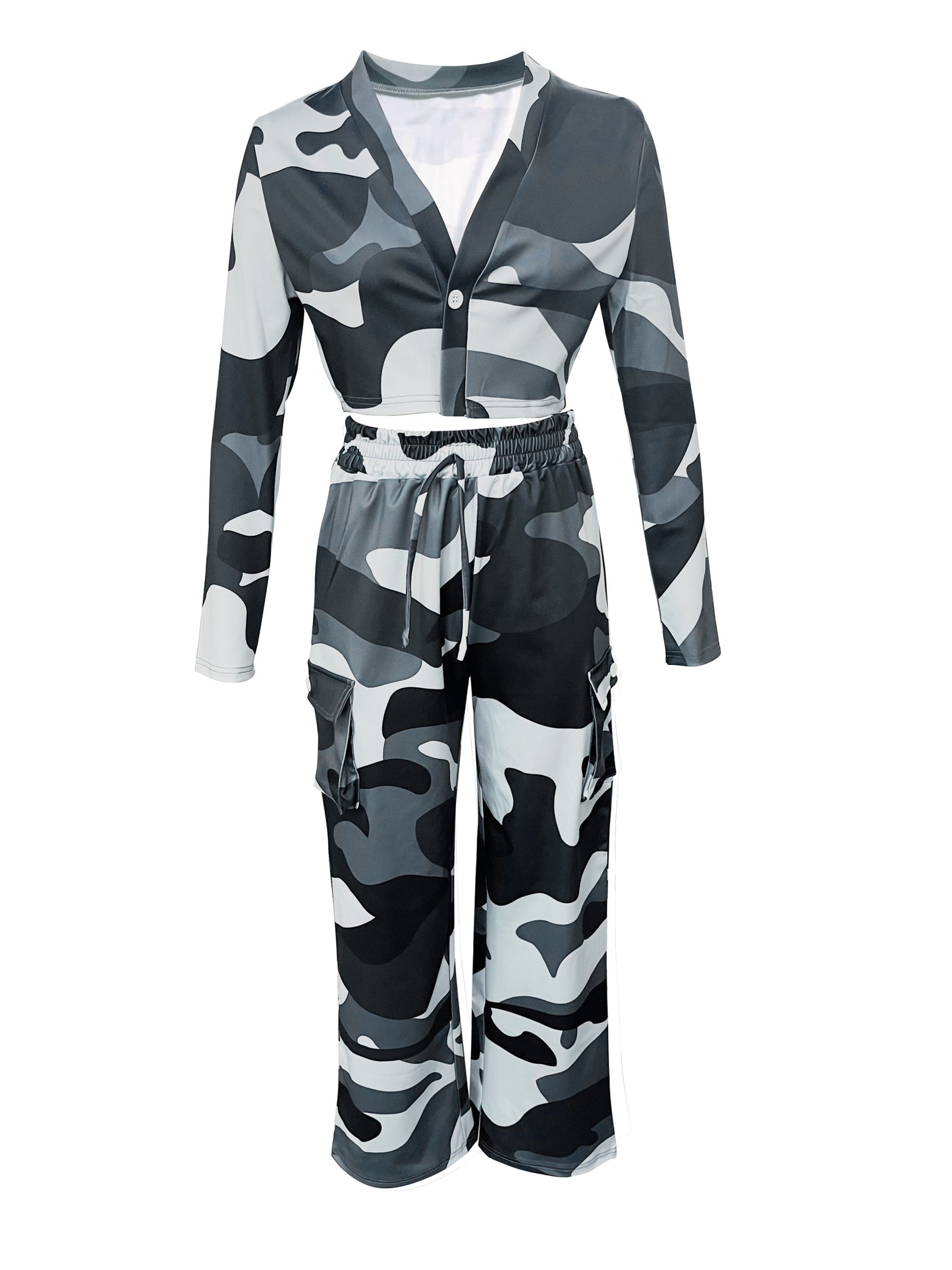 Fashionable Camouflage Print Womens Two-piece Set - Comfy Long Sleeve T-Shirt with Single Button & Drawstring Flap Pocket Pants - Casual Chic Outfit for Trendsetters