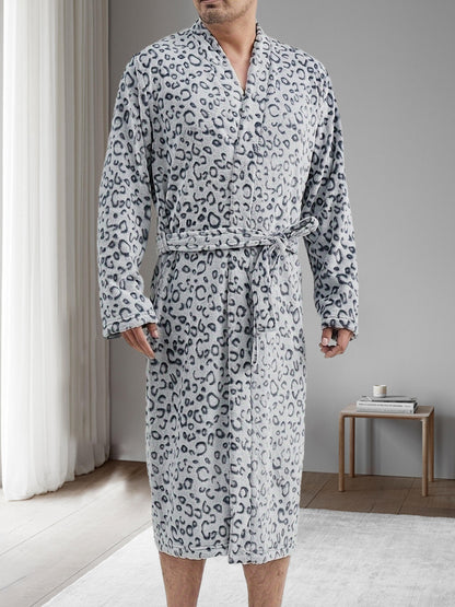 Men's Comfy Leopard Fleece Robe Home Pajamas Wear With Pocket, One-piece Lace Up Kimono Night-robe Warm Sets After Bath