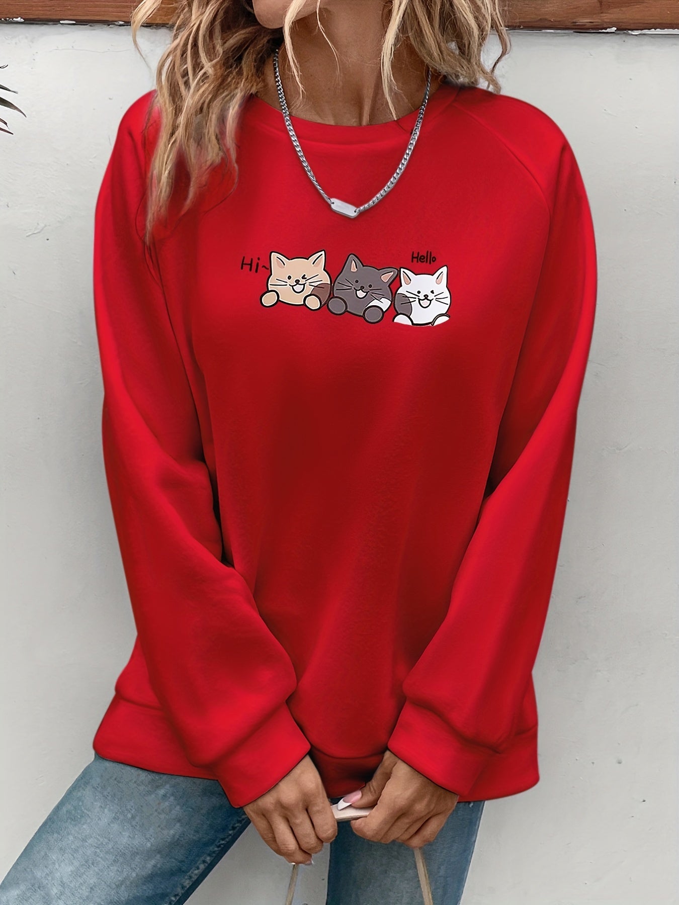 Cozy Fall/Winter Cat Print Sweatshirt - Easy-Care, Micro-Elastic, Casual Style for Women