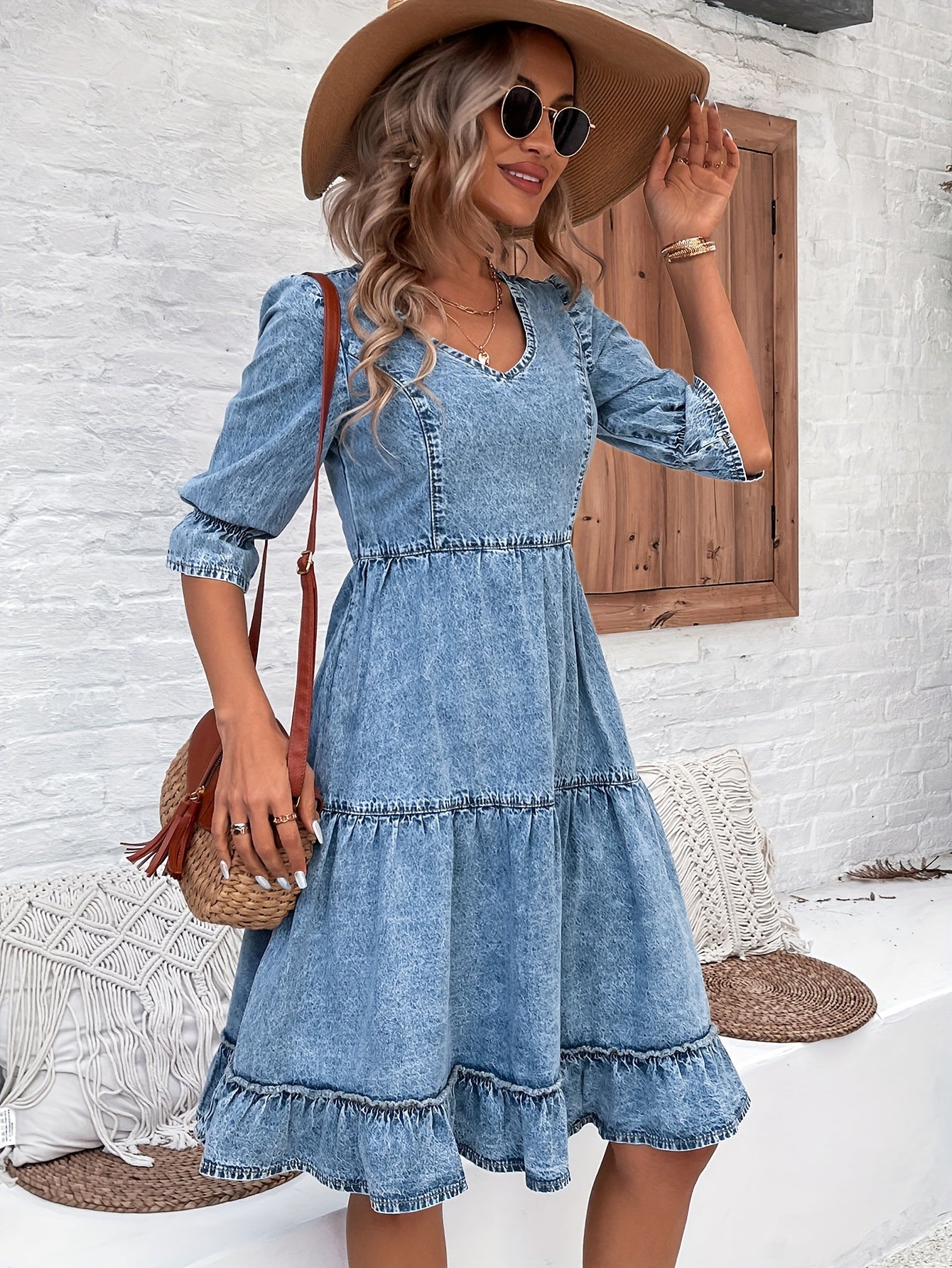 All-Season Chic & Elegant Denim Dress with V-Neck, Flounce Sleeves - Easy Care, Comfort & Timeless Style