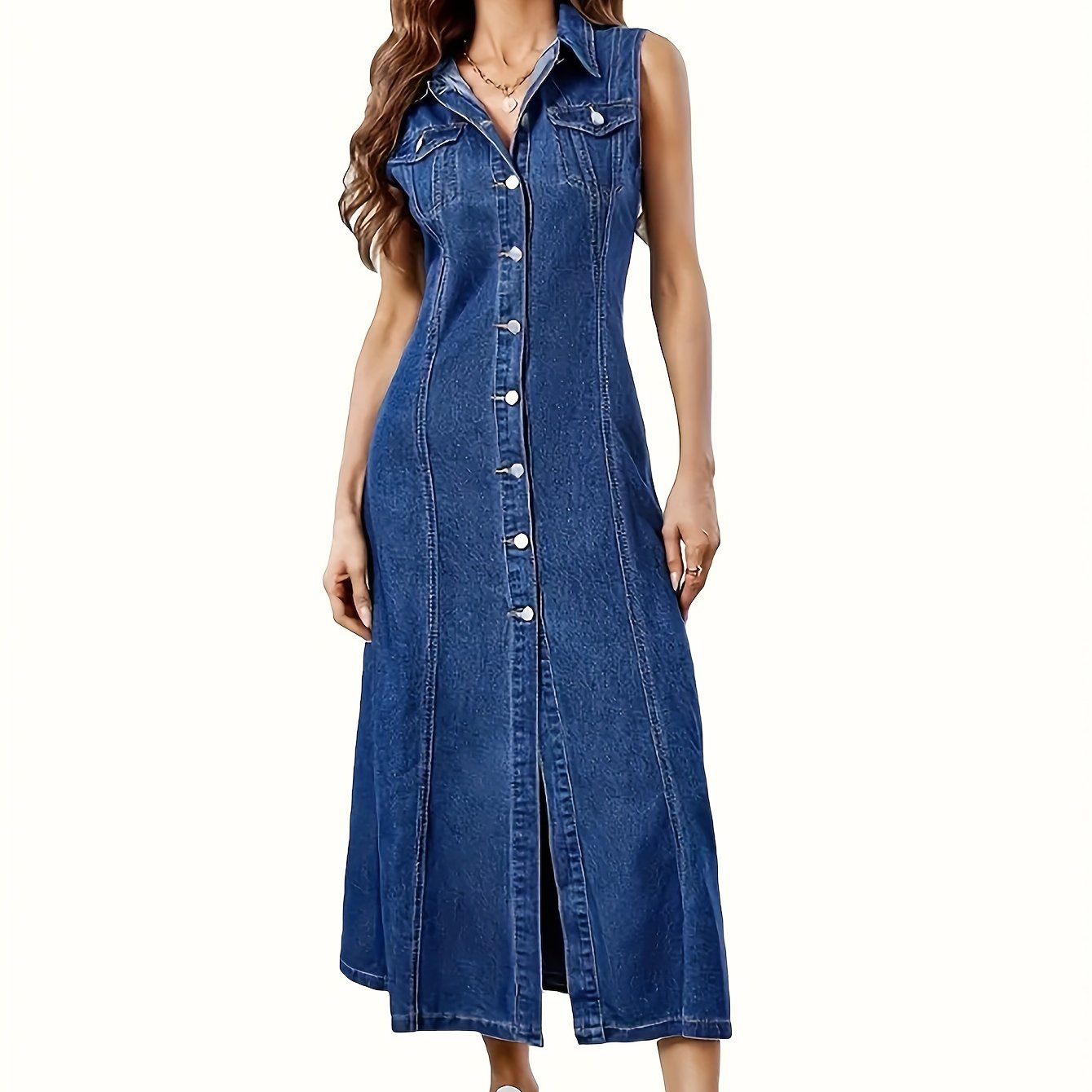 Plain Dark Washed Blue Single-breasted Sleeveless Maxi Denim Dress, Women's Denim Jeans & Clothing