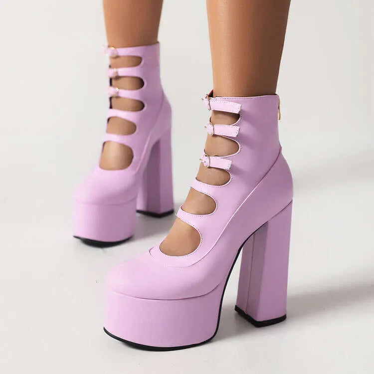 New Purple Lolita Sweet 15Cm High Heels Thick Bottom Bow Women's Round Head Hollow Out Buckle Single Shoes Size 36-47