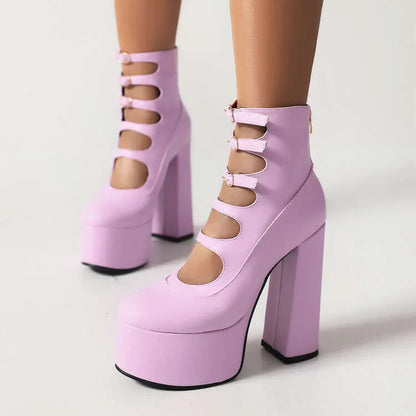 New Purple Lolita Sweet 15Cm High Heels Thick Bottom Bow Women's Round Head Hollow Out Buckle Single Shoes Size 36-47