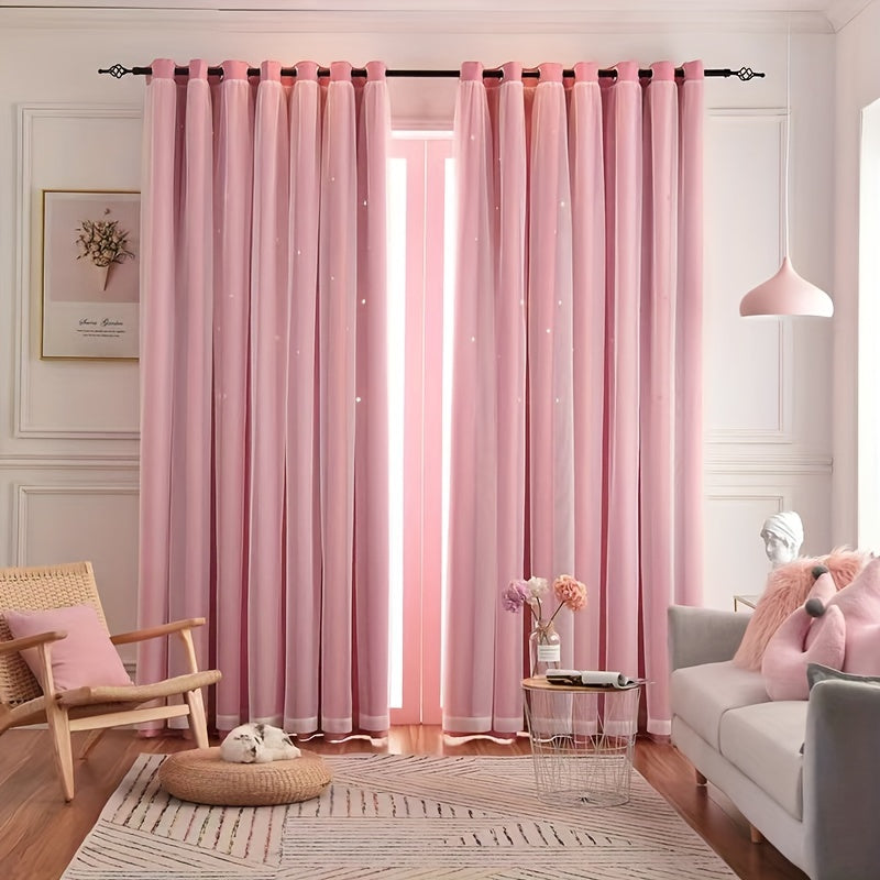 1-Panel Pink Blue Style Double-Layer Gauze Starry Sky Curtain - Panels for Living Room, Bedroom, Kitchen, Bathroom with Home Decor, Room Decor, and Insulation Function