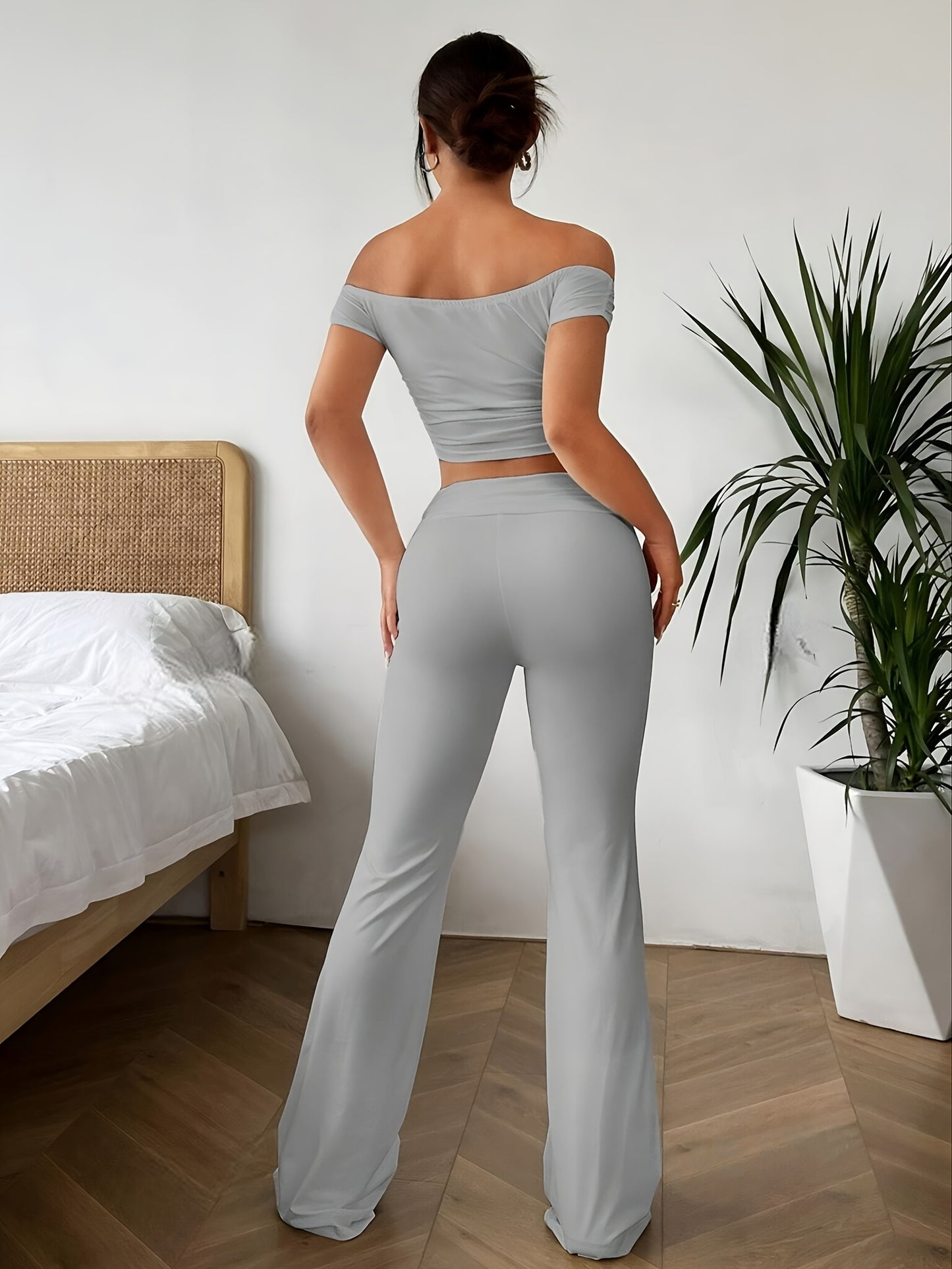 Women's Solid Color Casual Pants Set - Off Shoulder Crop Top, Flared Leg, Comfortable, Stylish, and Chic Outfit for Everyday Wear