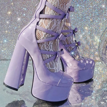 New Purple Lolita Sweet 15Cm High Heels Thick Bottom Bow Women's Round Head Hollow Out Buckle Single Shoes Size 36-47