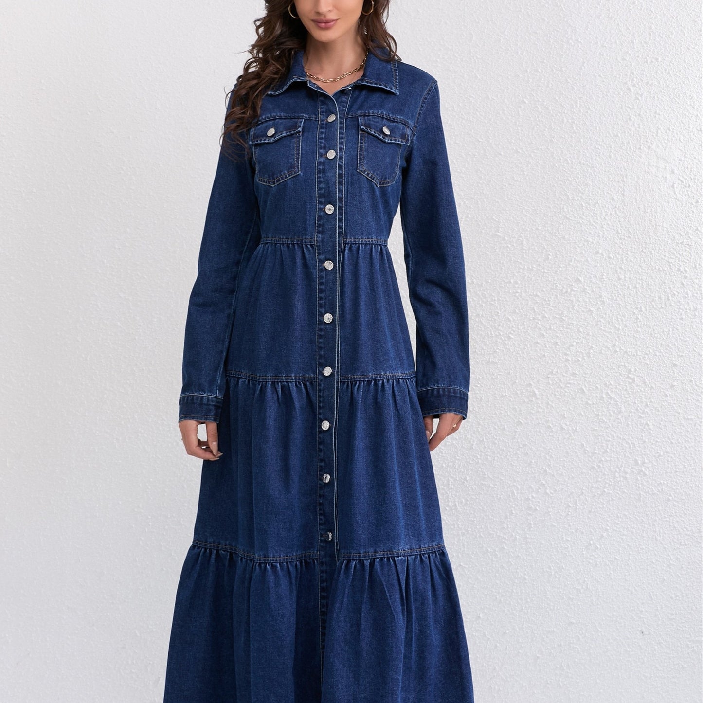 Plain Washed Blue Button Up Ruffled Long Sleeve Elegant Maxi Denim Dress, Women's Denim Jeans & Clothing