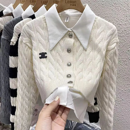 Autumn and winter new small fragrance atmosphere high short knit cardigan coat women's contrast single-breasted sweater coat S--XXL