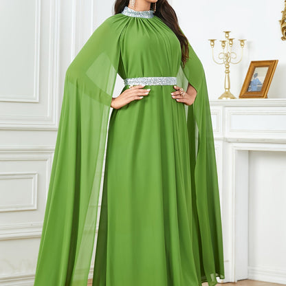 Long Sleeve Crew Neck Maxi Abaya Dress - Elegant Solid Color Block Design, Split Sleeve, Contrast Sequin Details, Non-Stretch Polyester Fabric, Belted, Middle East Style, Ideal for All Seasons