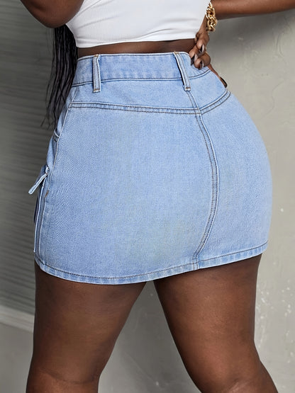 Sexy Bodycon Mini Cargo Denim Skirt - Women's Denim Skirts with Flap Pocket, Slim Fit, Washed Blue, Plain Design, Stylish and Fashionable - Perfect for Casual Daily Wear