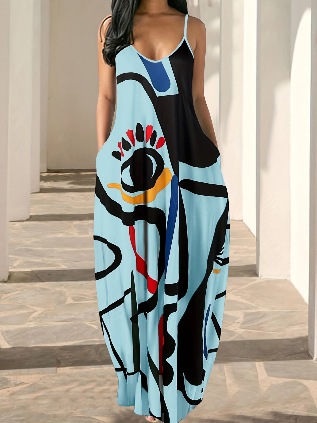 IKEARLAX Flowing Maxi Sundress - Vibrant Abstract Art Print - Breezy Spaghetti Straps - Versatile Summer Attire for Women