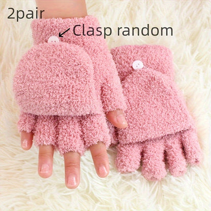 2 Pair Coral Fleece Flip Half-finger Gloves, Simple Cold-proof Writing Thicken Warm Gloves