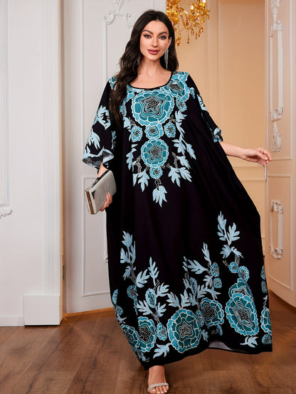 Ramadan Elegant Batwing Sleeve Ruffle Maxi Length Kaftan Dress - Stunning Graphic Print, Crew Neck, Flowy Design, Comfortable Wear, Women's Modest Clothing for Special Occasions