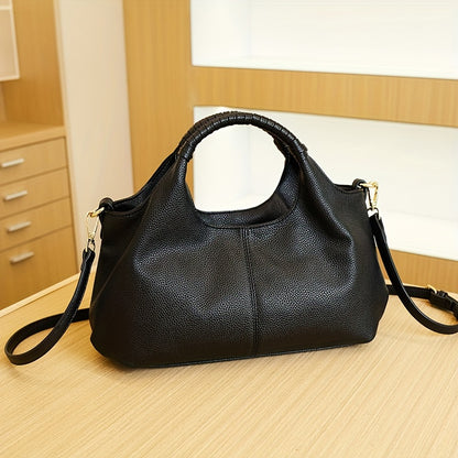 Luxury Black Leather Tote Bag with Golden Hardware - 35cm/13.78in x 17cm/6.69in - Zip Closure - Polyester Lining - Made in Guangzhou