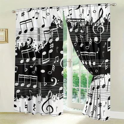 2pcs Music Notes Printing Curtain, Rod Pocket Window Treatment For Bedroom Office Kitchen Living Room Study Home Decor, Room Decoration Aesthetic Curtain