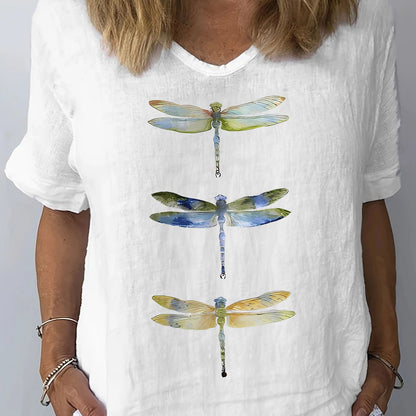 Vibrant Dragonfly Cartoon Print V-Neck T-Shirt - Soft Cotton, Relaxed Fit, Casual Short Sleeve Top for Women - Perfect for Spring and Summer