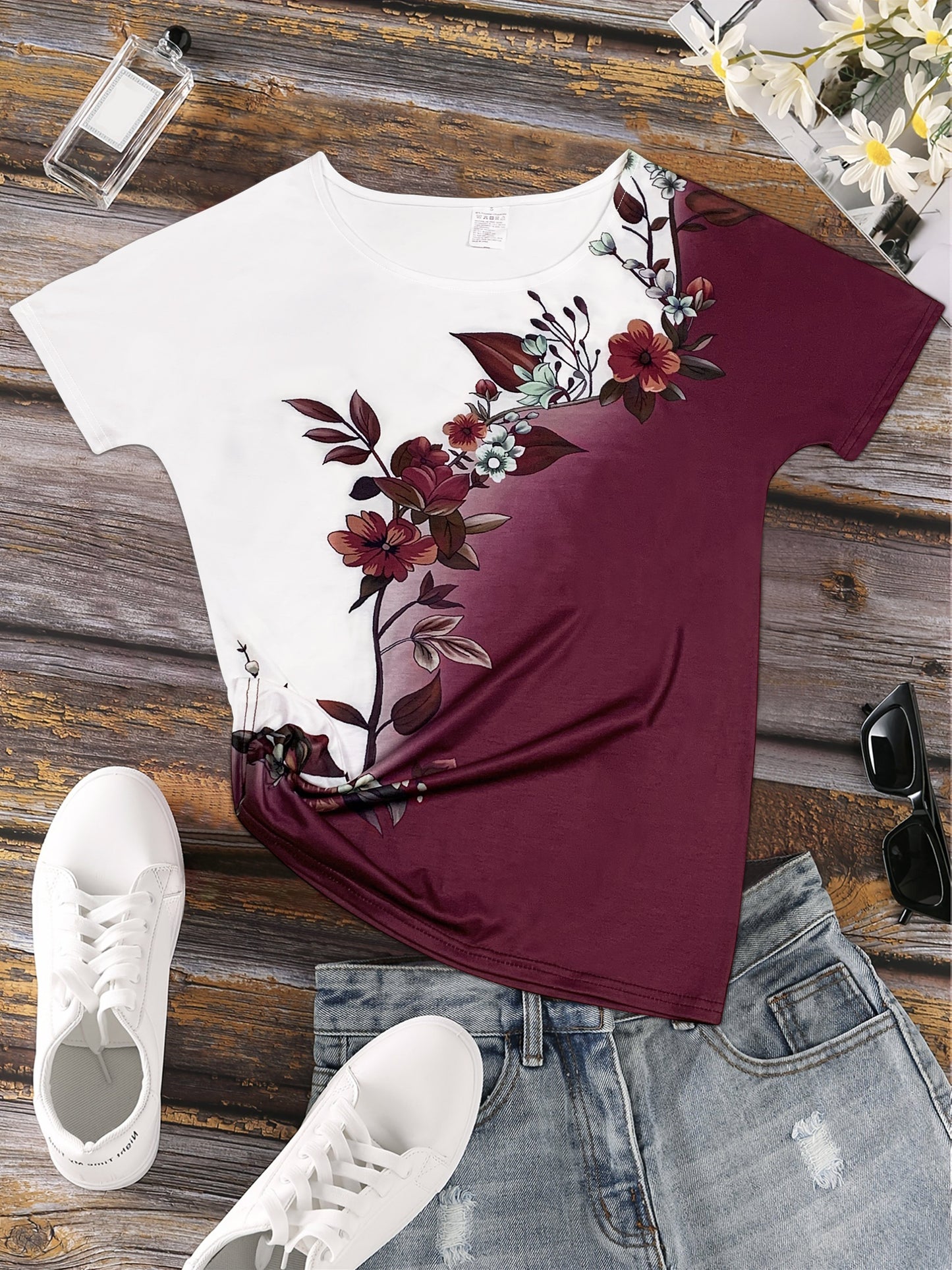 Floral Print Colorblock Crew Neck T-Shirt, Casual Short Sleeve Top For Spring & Summer, Women's Clothing