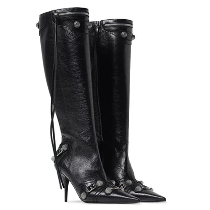 Glamorous Stiletto Knee High Boots - Studs & Tassel Accent - Pointed Toe Side Zipper Heels - Perfect for Parties - Elegant Long Design