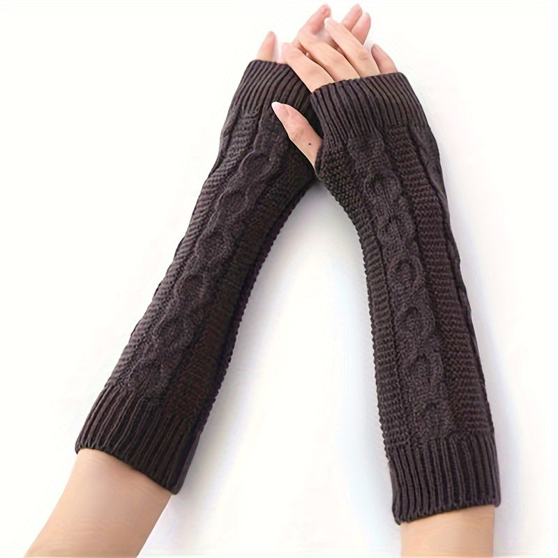 Solid Color Twist Knitted Gloves Long Fingerless Stretchy Sleeves With Thumb Hole Winter Outdoor Coldproof Warm Women's Gloves