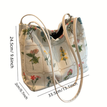 Large Capacity Floral Canvas Shoulder Bag - Women's Stylish Commuter Bag with Polyester Lining, Durable and Water-Resistant for Daily Use - Perfect for Work, School, and Travel