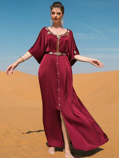 Glittering Rhinestoned Ramadan Abayas - Crew Neck Belted Maxi Dress with Split Cut Out Flare Sleeves - Perfect for Elegant Party Wear