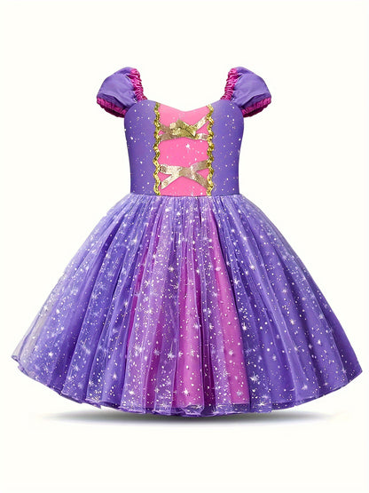 Girls' Sparkling Halloween Princess Dress: Allover Stars Pattern Puff Sleeve Mesh Tutu Dress for Carnival & Holiday