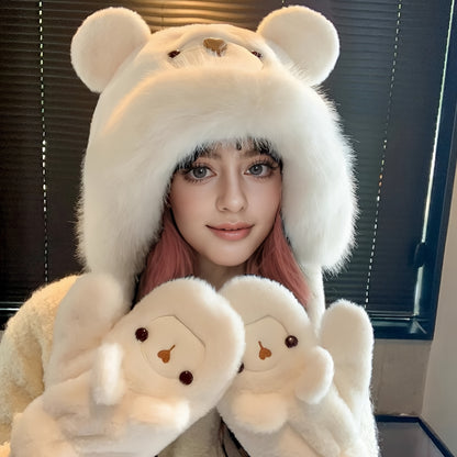 Cozy Cartoon Bear Plush Hat & Gloves Set - Thick, Warm Ear-Protecting Winter Cap with Cute Animal Design for Women