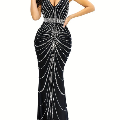 Elegant Backless Bodycon Dress - Rhinestone Accented Spaghetti Strap, Extra-Long Polyester Blend for Spring/Summer Chic