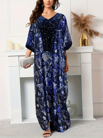 Stunning All-Over Print Maxi Dress - Contrast Sequined, Elegant Batwing Short Sleeve, Loose Fit, Polyester, Woven, Random Printing, Middle East Style, No Elasticity, No Sheer - Womens Modest Clothing for All Seasons