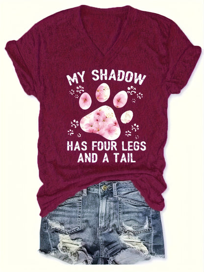 Women's Paw Print V-Neck T-Shirt - Comfy Short Sleeve Casual Top, Perfect for Spring & Summer, Fashionable Everyday Wear