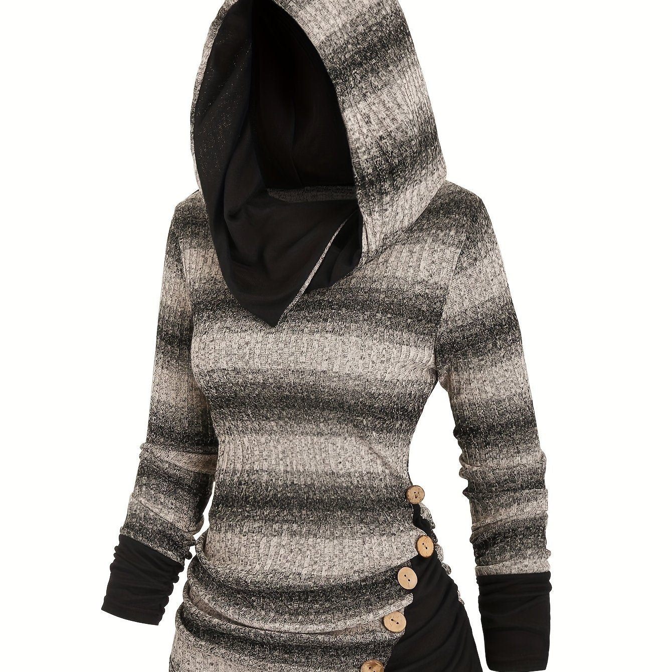 Cozy Striped Hooded Sweatshirt - Soft Mid-Elasticity Polyester, Machine Washable, Elegant Casual Long Sleeve Ruched Design, Perfect for Fall/Winter - Womens Stylish Knit Fabric Clothing