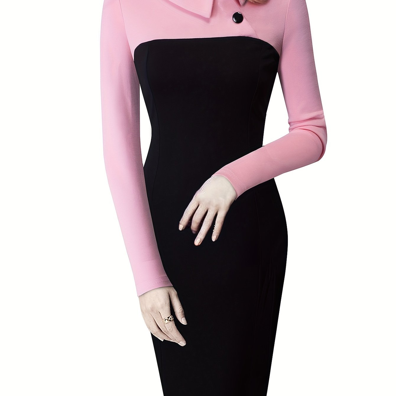 Button Front Colorblock Bodycon Dress, Elegant Long Sleeve Dress For Spring & Fall, Women's Clothing