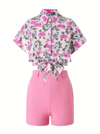 2pcs Chic Floral Crop Shirt & Solid Shorts Set - Breathable, Comfort Fit for Stylish Spring & Summer Wear, Ideal Women's Casual Outfit