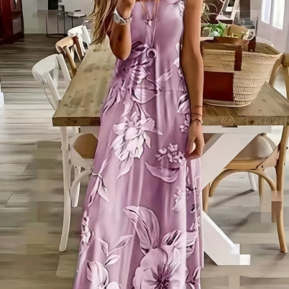 IKEARLAX Elegant Summer Floral Maxi Dress - Stretchy Knit, Spaghetti Strap, Perfect for Vacation & Casual Wear