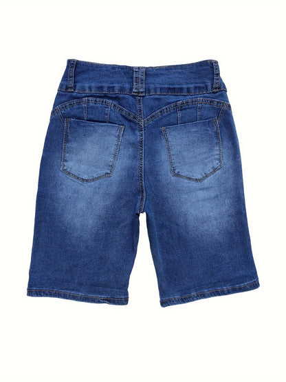 Sexy High-Waisted Double Button Whiskering Denim Shorts for Women - Fashionable Casual Style, Summer Must-Have, Comfortable Fit, Flattering Cut, Distressed Details, and Versatile Wear