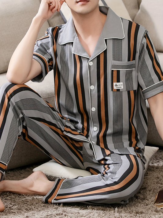 Large Size 2 Pcs Men's Cotton Stripe Print Short Sleeve & Trousers Pajama Set, Comfortable & Skin-friendly Style Pajamas For Men's Cozy Loungewear