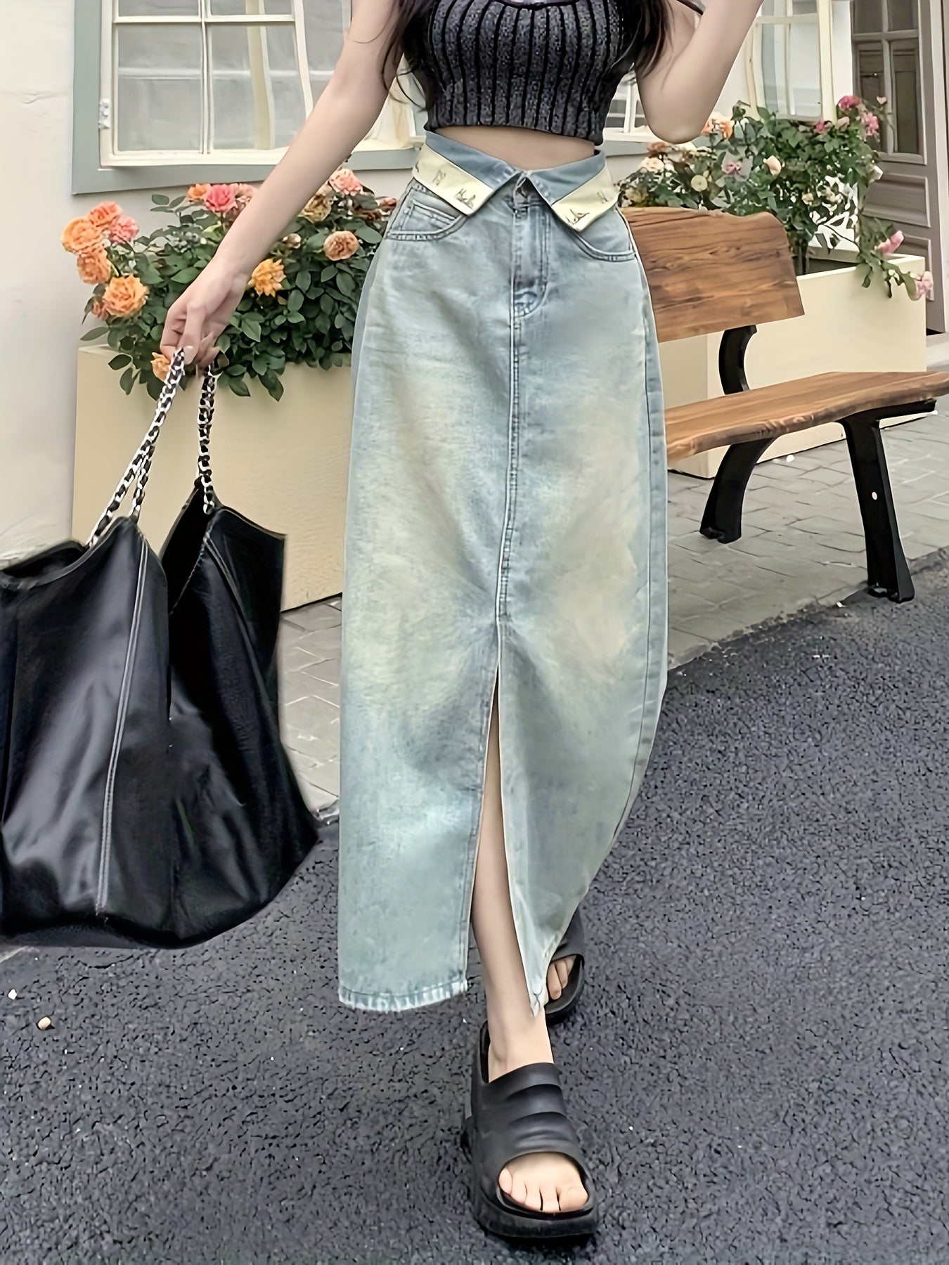 Flipped Waist Denim Midi Skirt, Slant Pockets Split Denim Skirt, Women's Denim Clothing